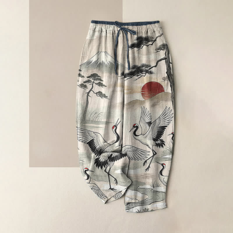 Buddha Stones Pantalon pour femme en pur coton avec motif de grues et taille élastique et poches - Ivoire - US16，UK/AU20，EU48 (3XL) - image 0