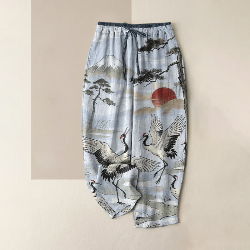 Buddha Stones Pantalon pour femme en pur coton avec motif de grues et taille élastique et poches - Bleu poudré - US16，UK/AU20，EU48 (3XL) - image 3