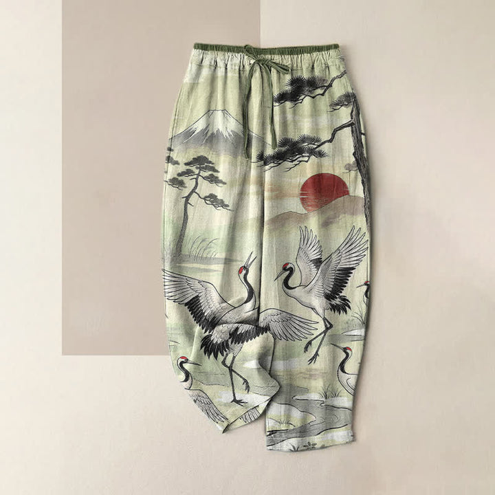 Buddha Stones Pantalon pour femme en pur coton avec motif de grues et taille élastique et poches - Vert pâle - US16，UK/AU20，EU48 (3XL) - image 4