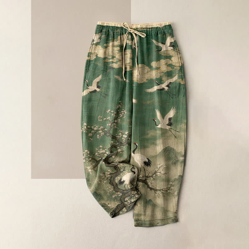 Buddha Stones Pantalon pour femme en pur coton, élégant, à motif de fleurs de grue, taille élastique et poches - Vert d'eau - US16，UK/AU20，EU48 (3XL) - image 0
