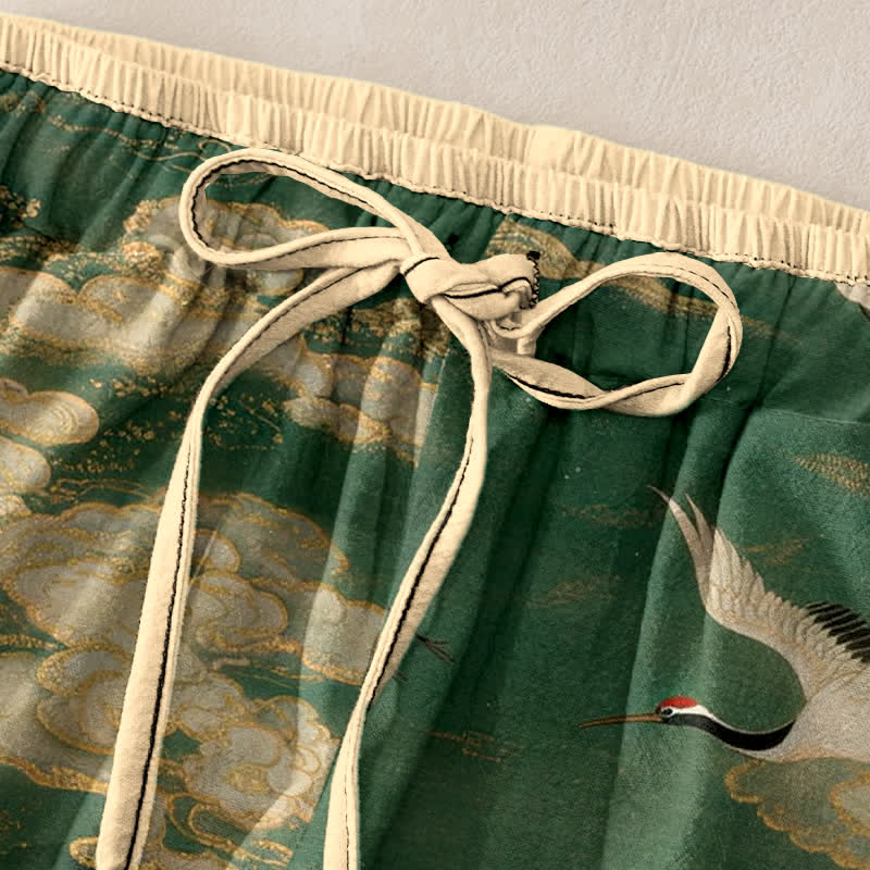 Buddha Stones Pantalon pour femme en pur coton, élégant, à motif de fleurs de grue, taille élastique et poches - image 1