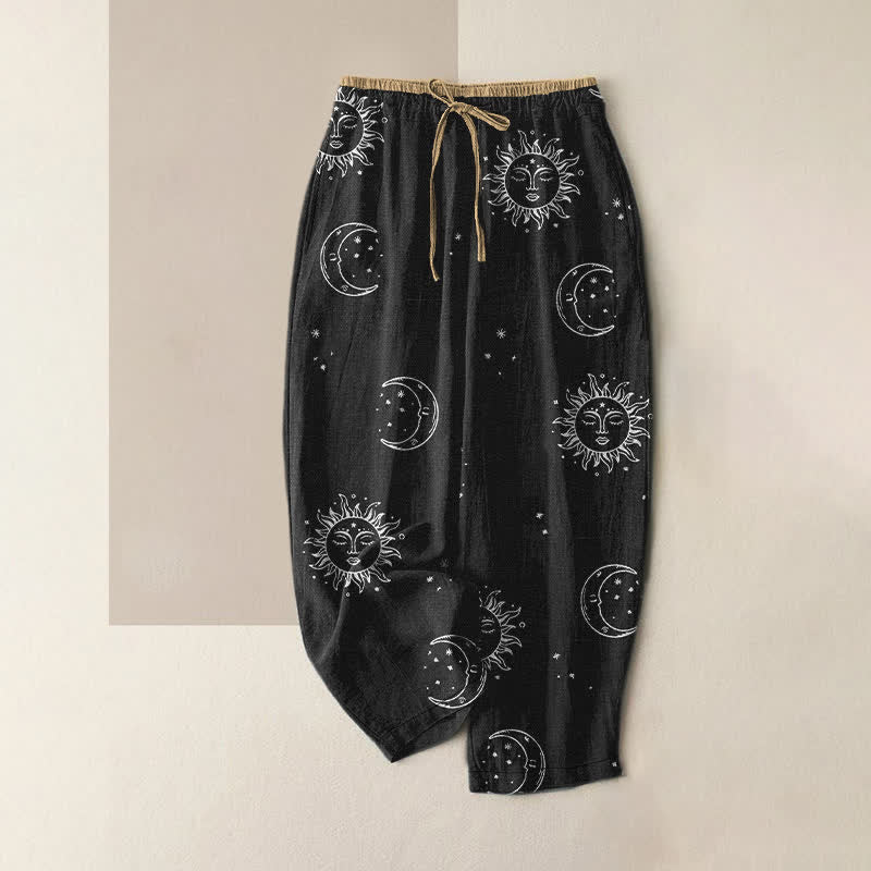 Buddha Stones Pantalon pour femme en pur coton, motif lune et soleil mystique, taille élastique et poches - Noir - US16，UK/AU20，EU48 (3XL) - image 0