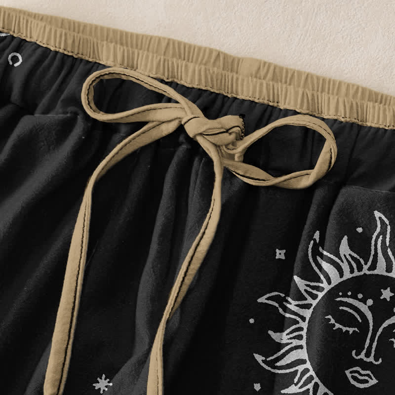 Buddha Stones Pantalon pour femme en pur coton, motif lune et soleil mystique, taille élastique et poches - image 1