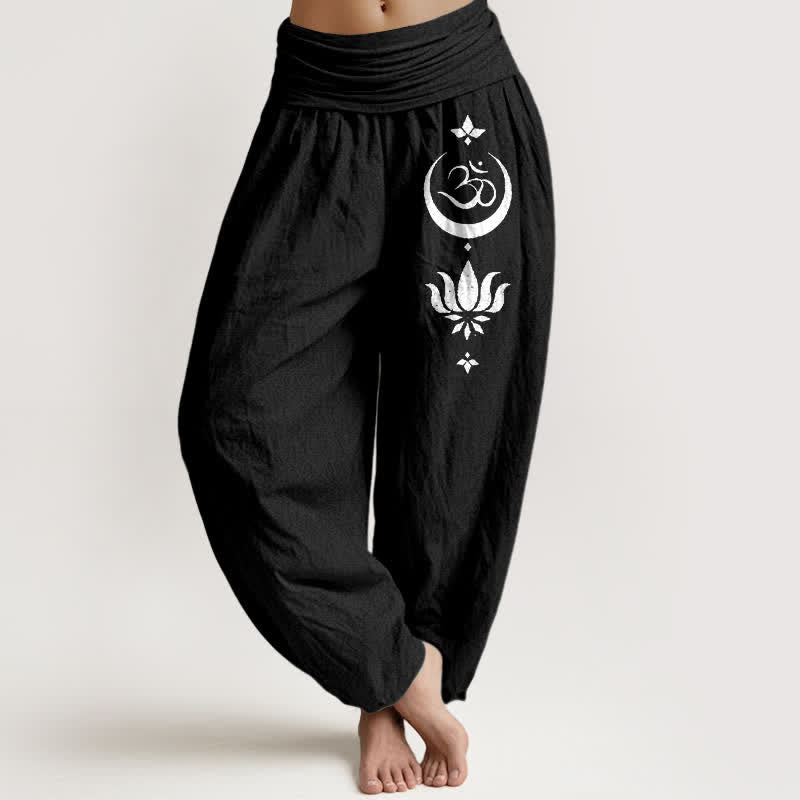 Buddha Stones Pantalon harem pour femme en pur coton, motif lotus et lune, taille élastique - Noir - US16，UK/AU20，EU48 (3XL) - image 0
