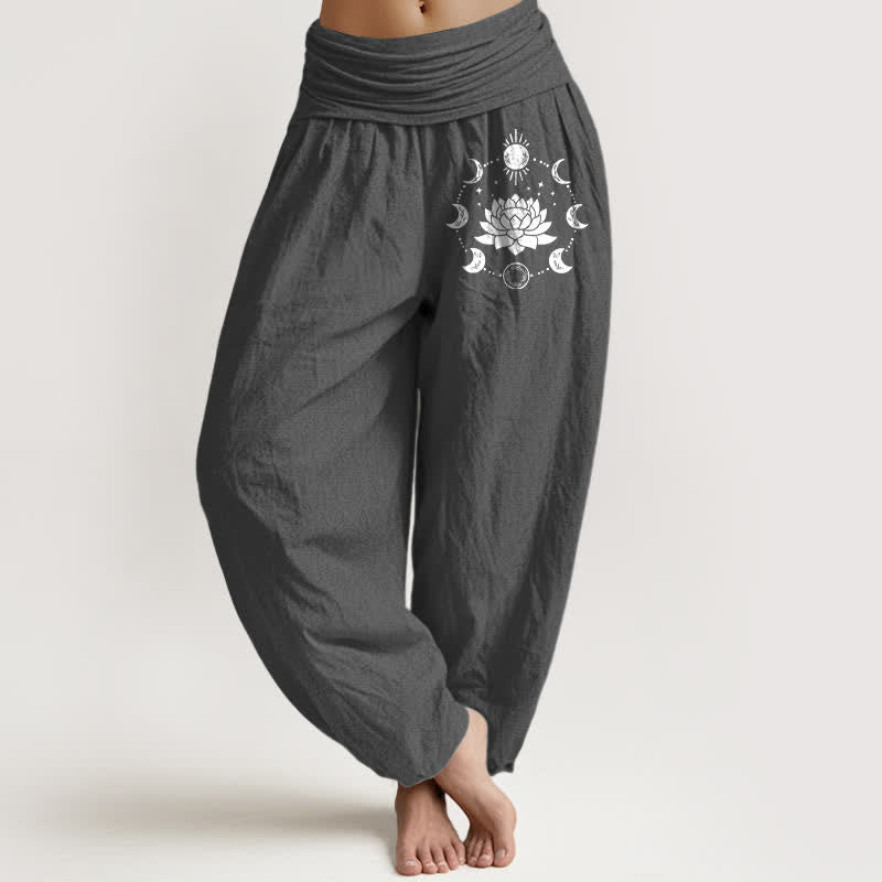 Buddha Stones Pantalon harem pour femme en pur coton à motif lotus et phases de la lune, taille élastique - Gris terne - US16，UK/AU20，EU48 (3XL) - image 0