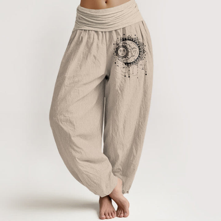 Buddha Stones Pantalon harem femme en pur coton à motif soleil et lune célestes et taille élastique - Tanné - US16，UK/AU20，EU48 (3XL) - image 11