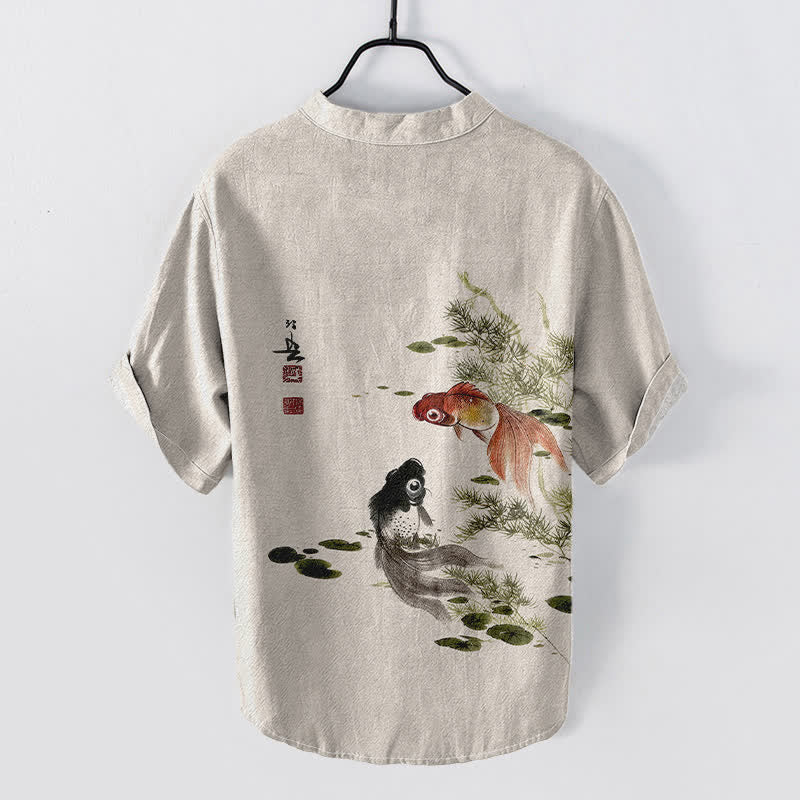 Buddha Stones Chemise à manches courtes pour homme en coton à motif de feuilles de lotus et de carpes koï jumelées - image 1