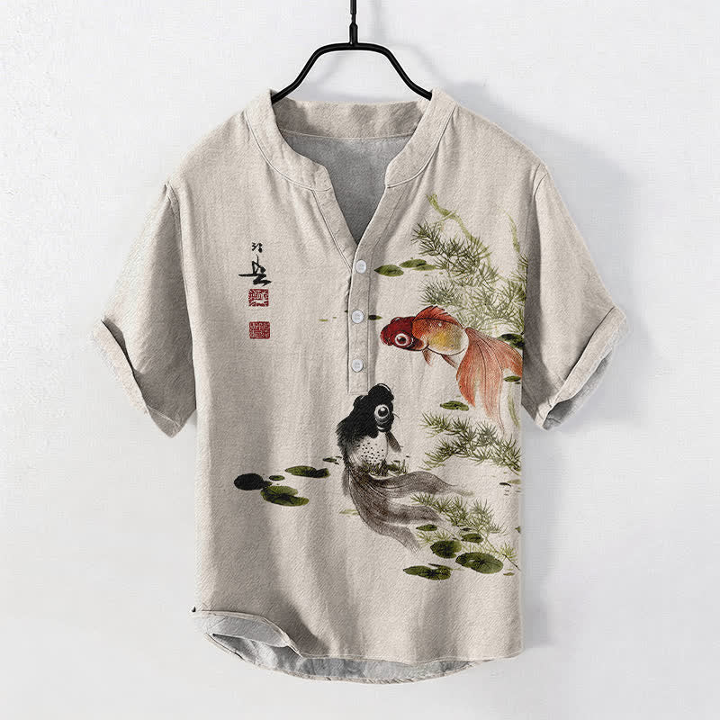 Buddha Stones Chemise à manches courtes pour homme en coton à motif de feuilles de lotus et de carpes koï jumelées - Beige - US/UK/AU50，EU60 (5XL) - image 0