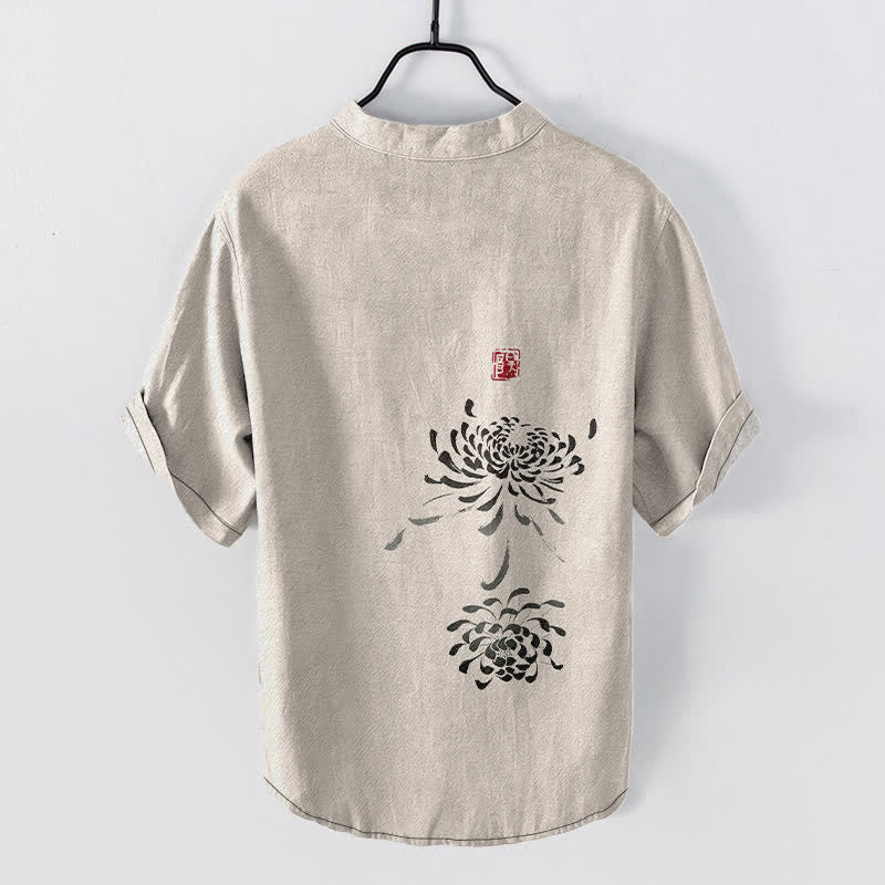 Buddha Stones Chemise homme à manches courtes et demi-boutons, motif chrysanthème et sceau, encre coton - image 1
