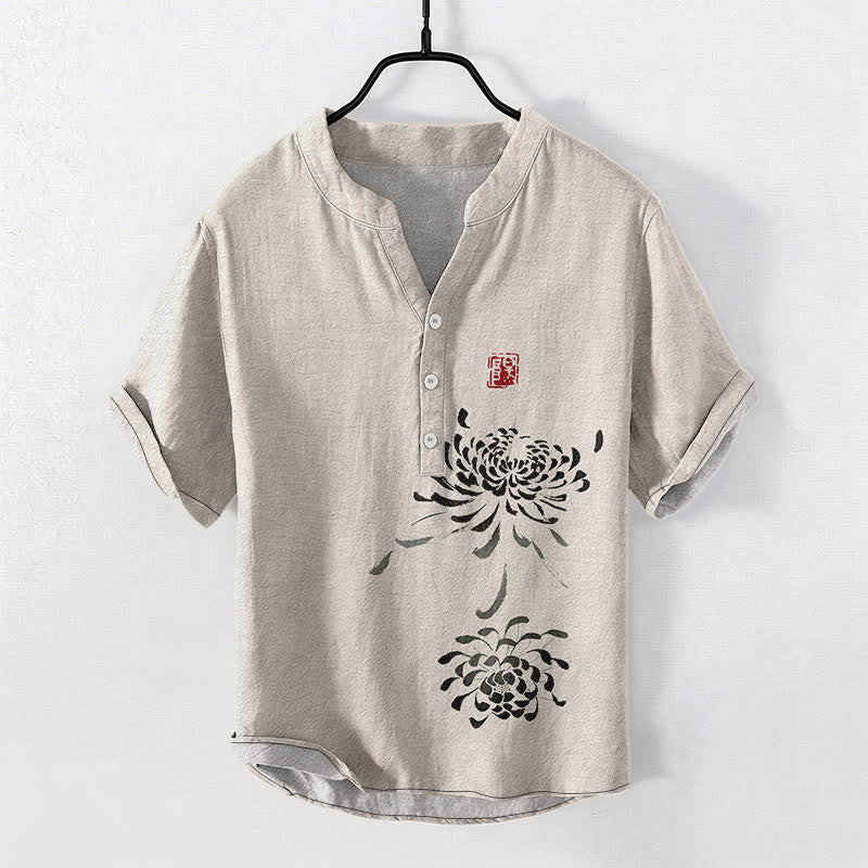 Buddha Stones Chemise homme à manches courtes et demi-boutons, motif chrysanthème et sceau, encre coton - Lin - US/UK/AU50，EU60 (5XL) - image 0