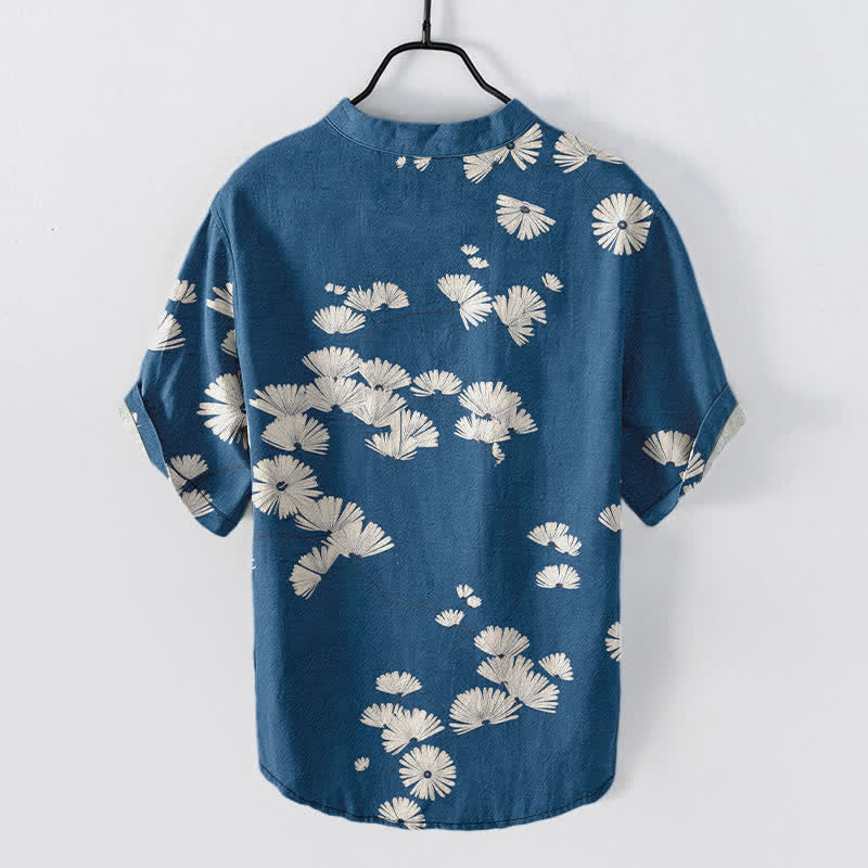 Buddha Stones Chemise homme à manches courtes et demi-boutonnée en coton blanc à motif marguerites - image 1