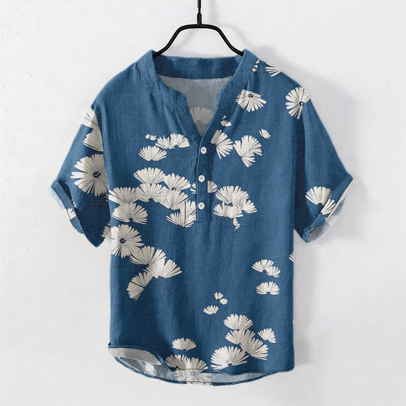 Buddha Stones Chemise homme à manches courtes et demi-boutonnée en coton blanc à motif marguerites - Bleu royal - US/UK/AU50，EU60 (5XL) - image 0