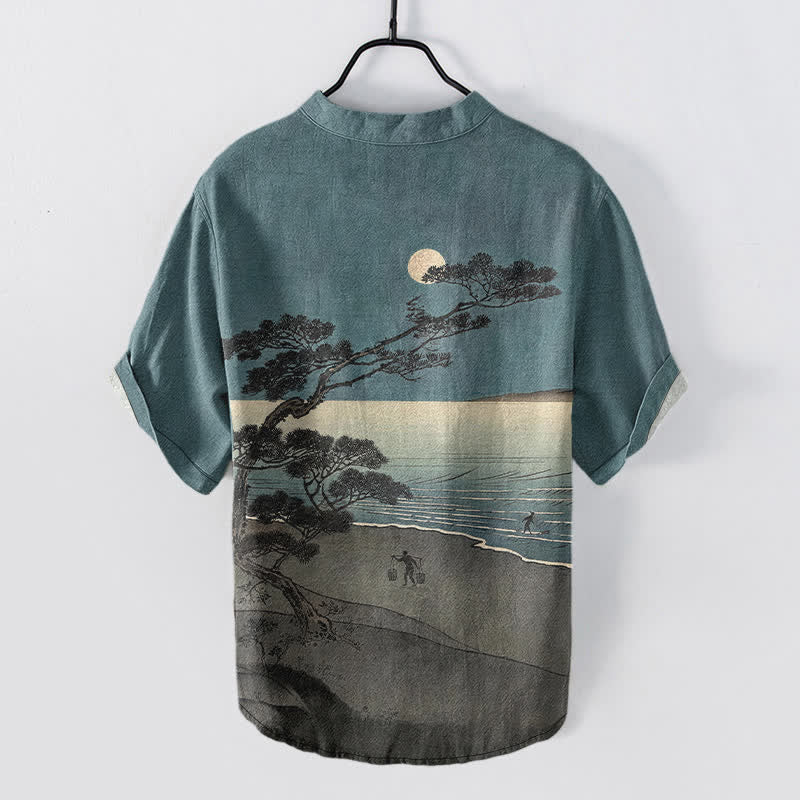 Buddha Stones Chemise homme à manches courtes et demi-boutonnée en coton, motif pin sur la côte au clair de lune - image 1