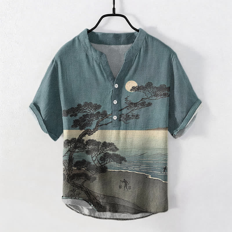Buddha Stones Chemise homme à manches courtes et demi-boutonnée en coton, motif pin sur la côte au clair de lune - CadetBlue - US/UK/AU50，EU60 (5XL) - image 0