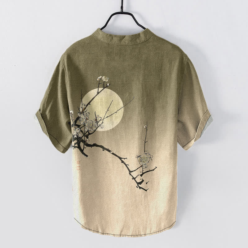 Buddha Stones Chemise homme à manches courtes et demi-boutonnée en coton à motif de fleurs de prunier et de lune - image 1