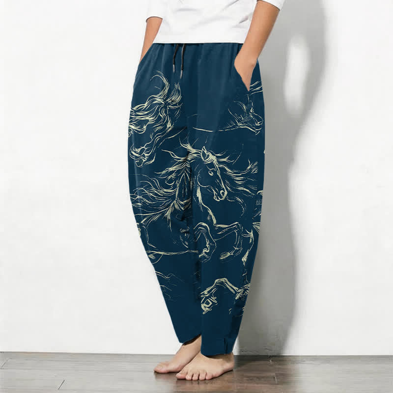 Buddha Stones Pantalon fuselé pour homme en pur coton avec cordon de serrage et poches, motif cheval au galop. - image 1
