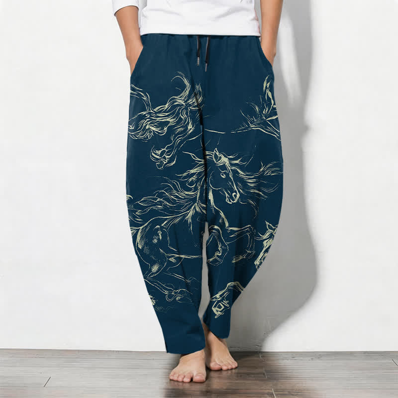 Buddha Stones Pantalon fuselé pour homme en pur coton avec cordon de serrage et poches, motif cheval au galop. - Marine - US/UK/AU50，EU60 (5XL) - image 0