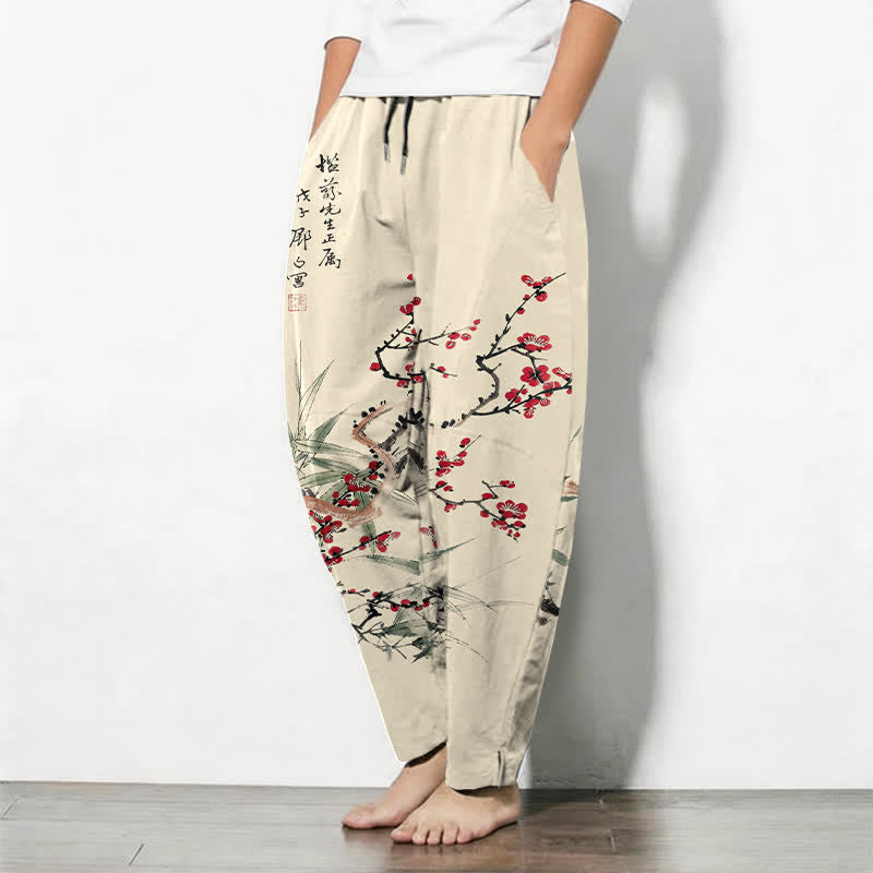 Buddha Stones Pantalon fuselé pour homme en pur coton, motif fleurs de prunier, cordon de serrage et poches - image 1