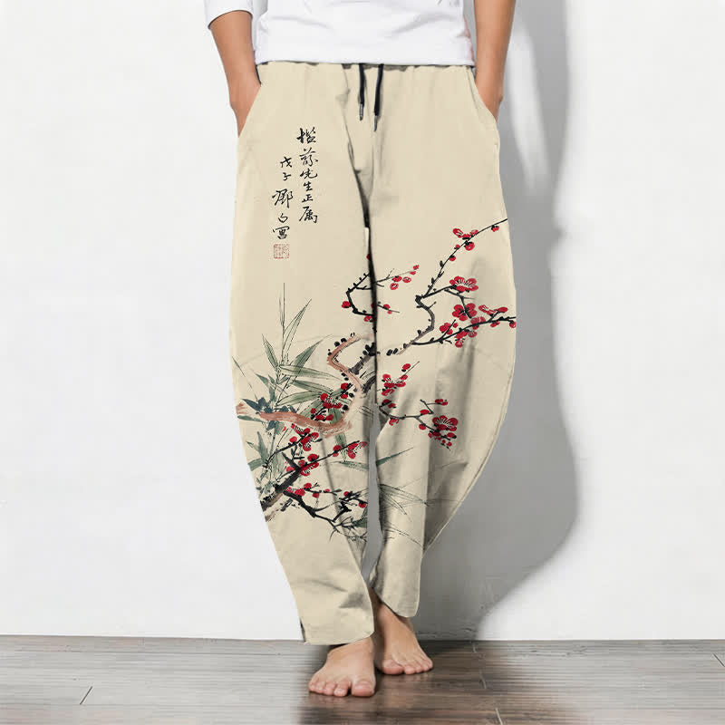 Buddha Stones Pantalon fuselé pour homme en pur coton, motif fleurs de prunier, cordon de serrage et poches - Beige - US/UK/AU50，EU60 (5XL) - image 0