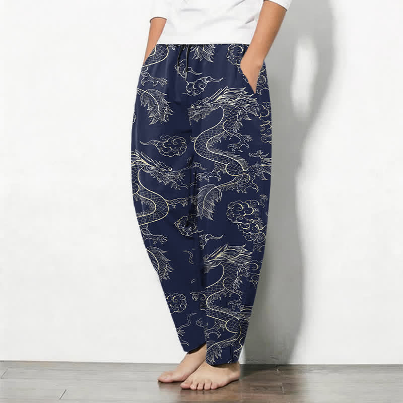 Buddha Stones Pantalon fuselé pour homme en pur coton, motif nuage de dragon oriental, cordon de serrage et poches - image 1
