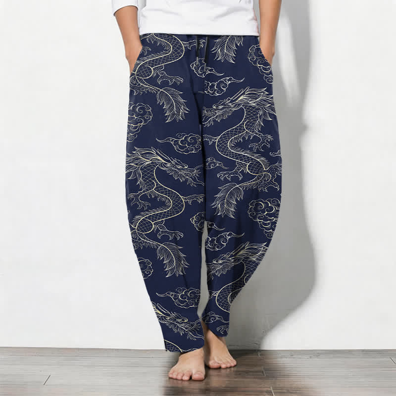 Buddha Stones Pantalon fuselé pour homme en pur coton, motif nuage de dragon oriental, cordon de serrage et poches - Marine - US/UK/AU50，EU60 (5XL) - image 0
