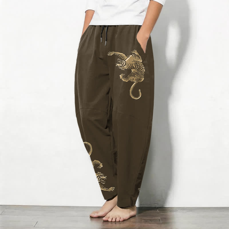 Buddha Stones Pantalon fuselé pour homme en pur coton, motif tigre doré, cordon de serrage et poches - image 1