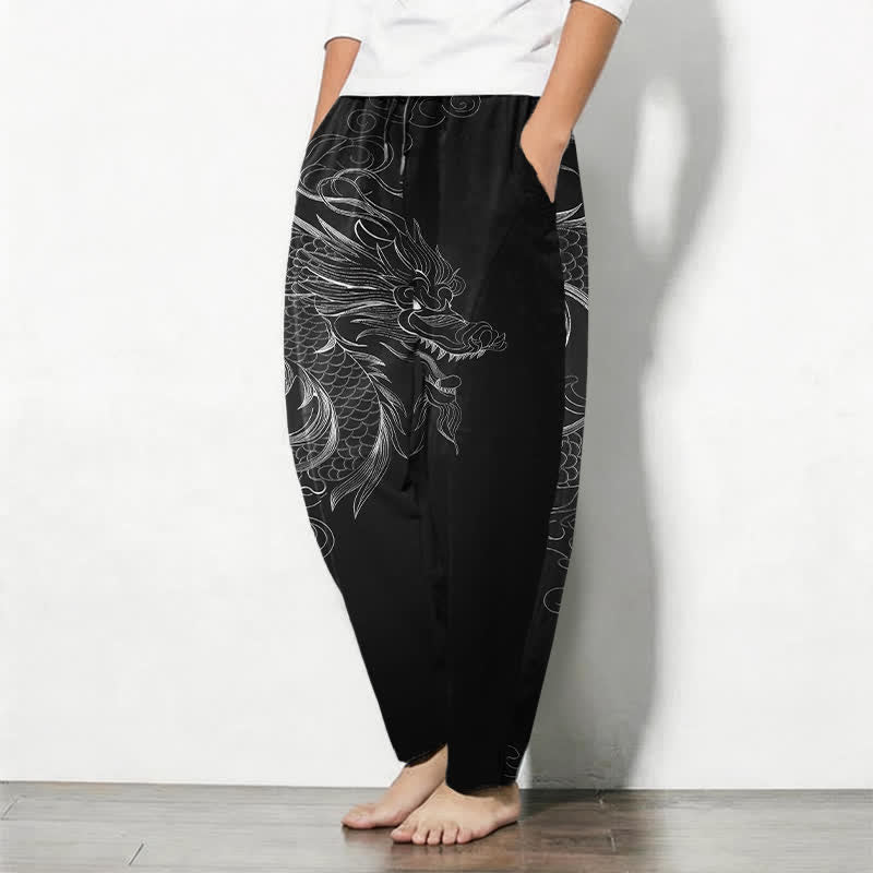 Buddha Stones Pantalon fuselé pour homme en pur coton avec cordon de serrage, motif dragon et poches - image 1