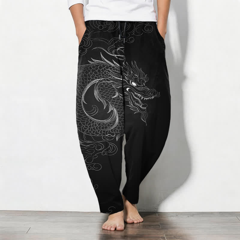 Buddha Stones Pantalon fuselé pour homme en pur coton avec cordon de serrage, motif dragon et poches - Noir - US/UK/AU50，EU60 (5XL) - image 0