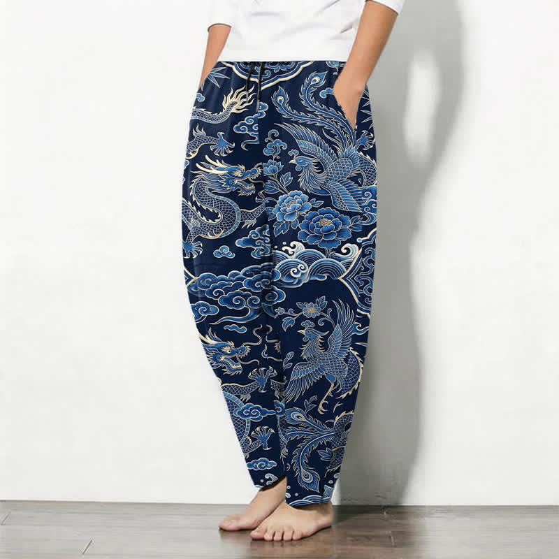 Buddha Stones Pantalon fuselé pour homme en pur coton, motif nuage de dragon azur, cordon de serrage et poches - image 1