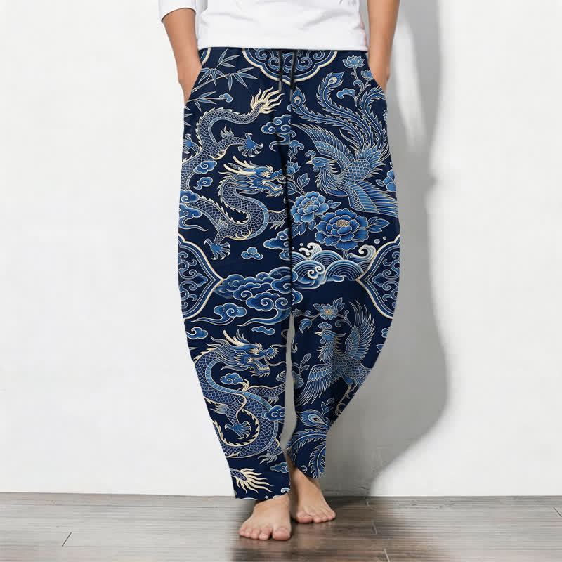 Buddha Stones Pantalon fuselé pour homme en pur coton, motif nuage de dragon azur, cordon de serrage et poches - Marine - US/UK/AU50，EU60 (5XL) - image 0