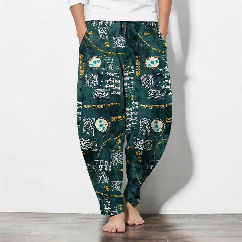 Buddha Stones Pantalon fuselé pour homme en pur coton, à cordon de serrage et poches, orné d'un motif géométrique bohème à médaillon. - Vert d'eau - US/UK/AU50，EU60 (5XL) - image 0