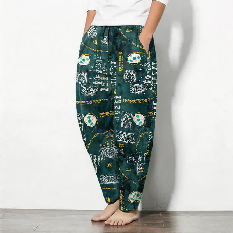 Buddha Stones Pantalon fuselé pour homme en pur coton, à cordon de serrage et poches, orné d'un motif géométrique bohème à médaillon. - image 1