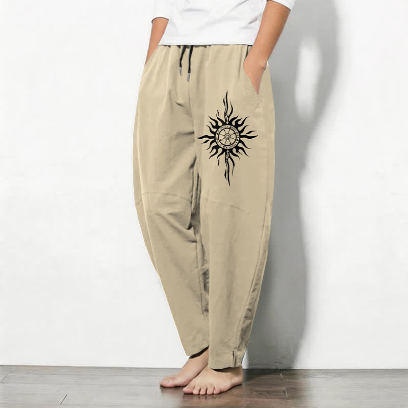 Buddha Stones Pantalon fuselé pour homme en pur coton, motif tribal soleil, cordon de serrage et poches - image 1