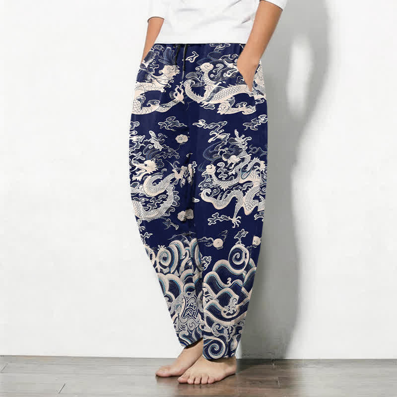 Buddha Stones Pantalon fuselé pour homme en pur coton, motif vague dragon, cordon de serrage et poches - image 1