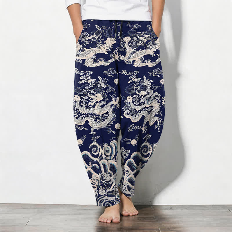 Buddha Stones Pantalon fuselé pour homme en pur coton, motif vague dragon, cordon de serrage et poches - Marine - US/UK/AU50，EU60 (5XL) - image 0