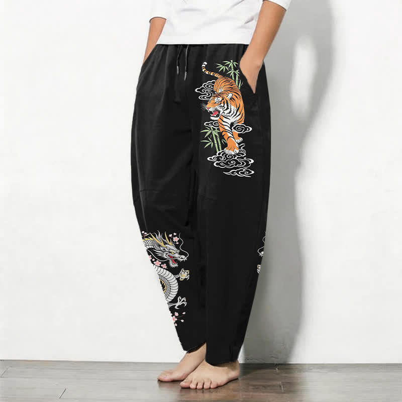 Buddha Stones Pantalon fuselé pour homme en pur coton, motif tigre et dragon, avec cordon de serrage et poches. - image 1