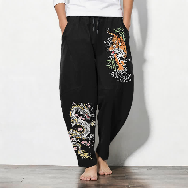 Buddha Stones Pantalon fuselé pour homme en pur coton, motif tigre et dragon, avec cordon de serrage et poches. - Noir - US/UK/AU50，EU60 (5XL) - image 0