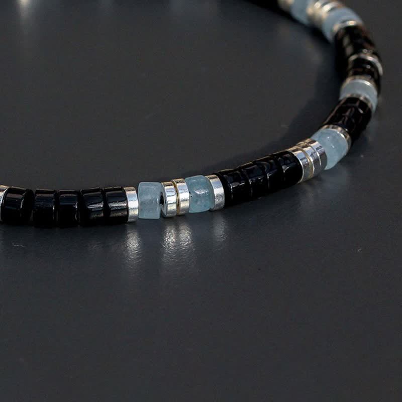Buddha Stones Bracelet extensible de protection en perles d'onyx noir et de calcédoine bleue - image 3