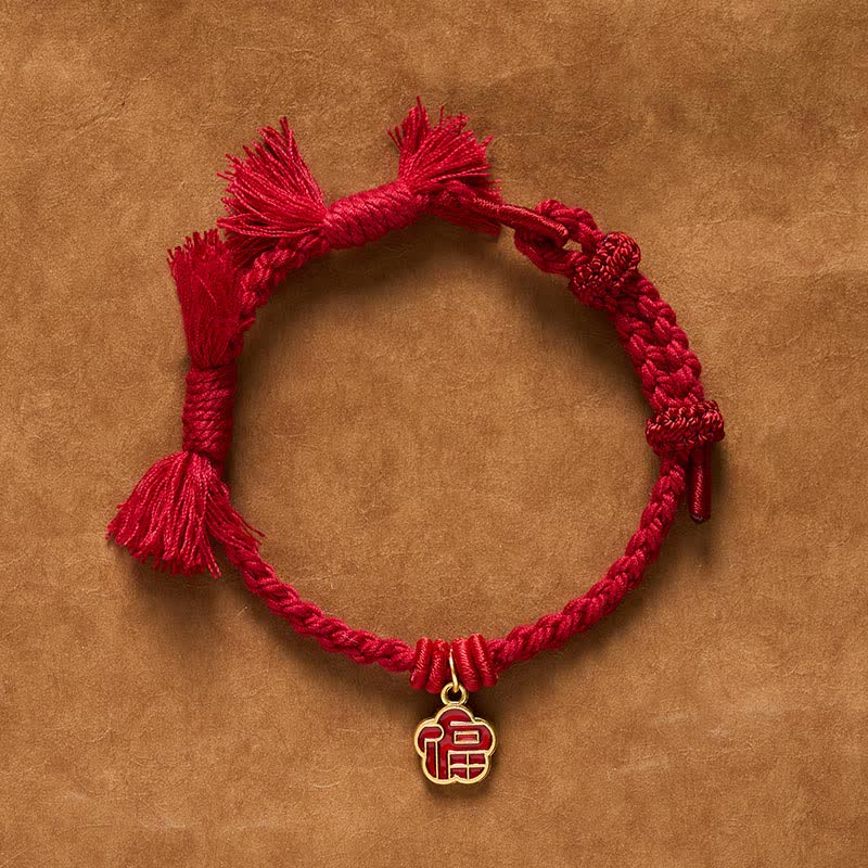 Buddha Stones Bracelet de bénédiction floral avec le personnage Fu et fil rouge - image 1