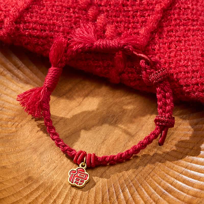 Buddha Stones Bracelet de bénédiction floral avec le personnage Fu et fil rouge - Cordon rouge foncé - image 0
