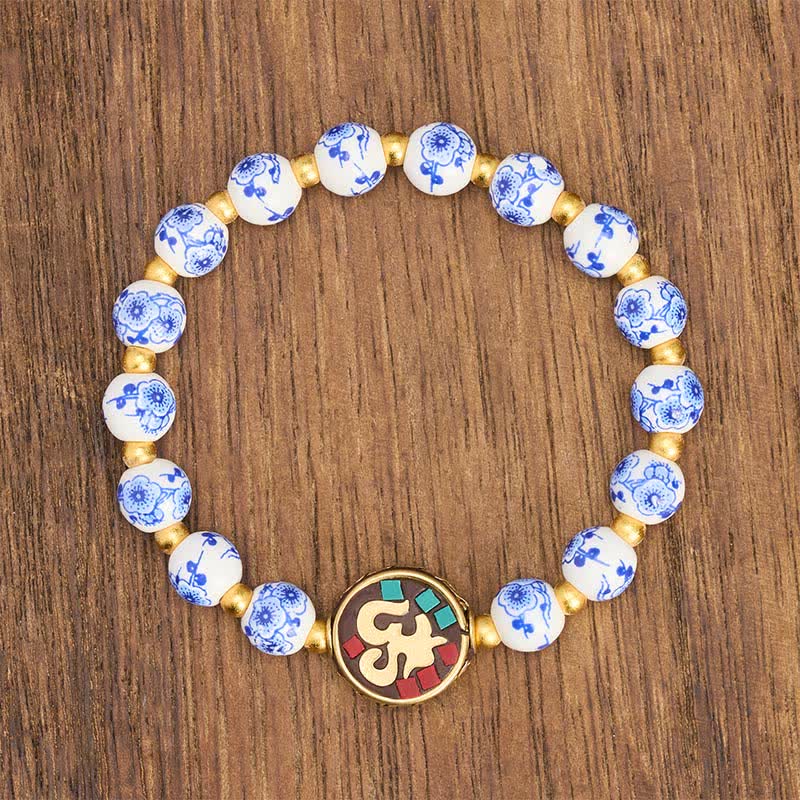 Buddha Stones Bracelet de perles de compassion OM en porcelaine bleue et blanche et cuivre - image 2