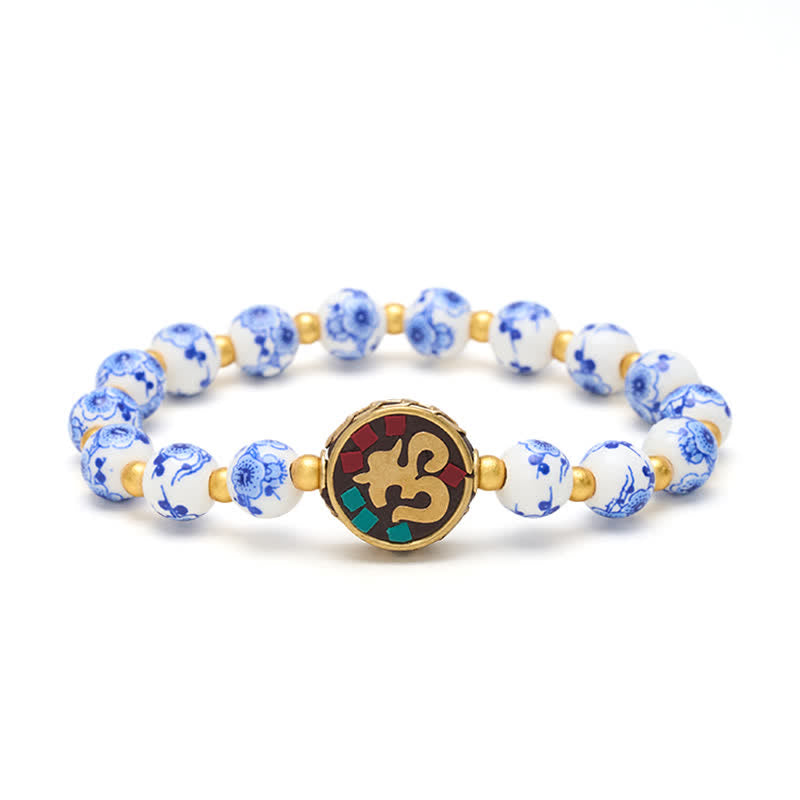 Buddha Stones Bracelet de perles de compassion OM en porcelaine bleue et blanche et cuivre - image 9