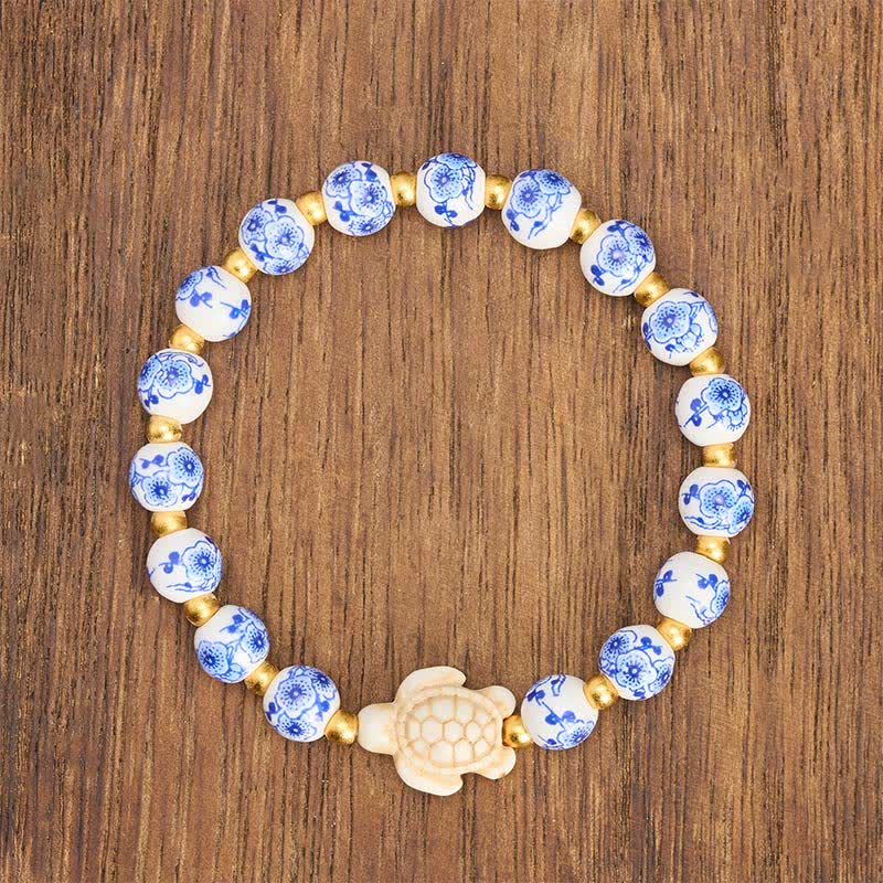Buddha Stones Bracelet tortue en porcelaine bleue et blanche, symbole de pureté et de longévité - image 1