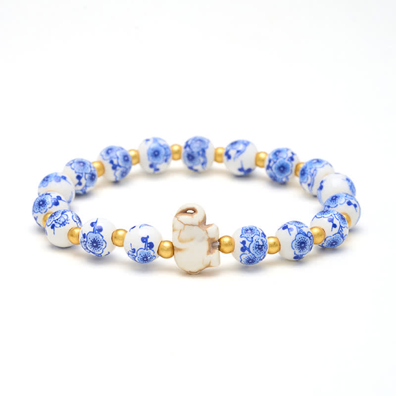 Buddha Stones Bracelet en porcelaine blanche à perles rondes en forme d'éléphant et de motif floral - Éléphant (FORCE ♥ SAGESSE) - image 0
