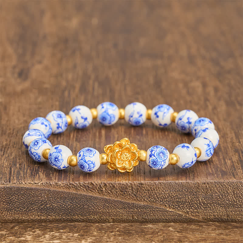 Buddha Stones Bracelet rond en porcelaine blanche orné d'un lotus et de perles symbolisant l'illumination - Lotus (Éveil ♥ Nouveau départ) - image 0