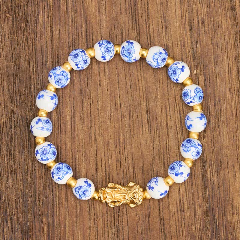 Buddha Stones Bracelet porte-bonheur en porcelaine blanche PiXiu avec perles florales bleues - image 1