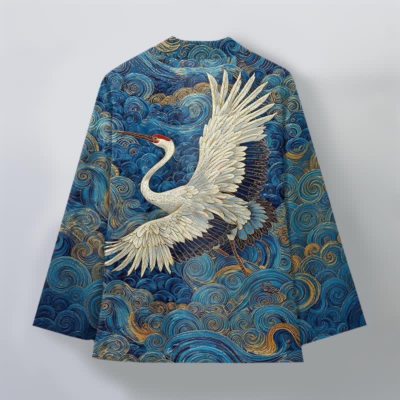 Buddha Stones Kimono pour homme à motif de grues en coton et de vagues fluides, ouvert sur le devant - image 2