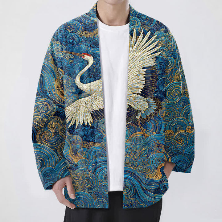 Buddha Stones Kimono pour homme à motif de grues en coton et de vagues fluides, ouvert sur le devant - Bleu royal - US/UK/AU48，EU58 (4XL) - image 0