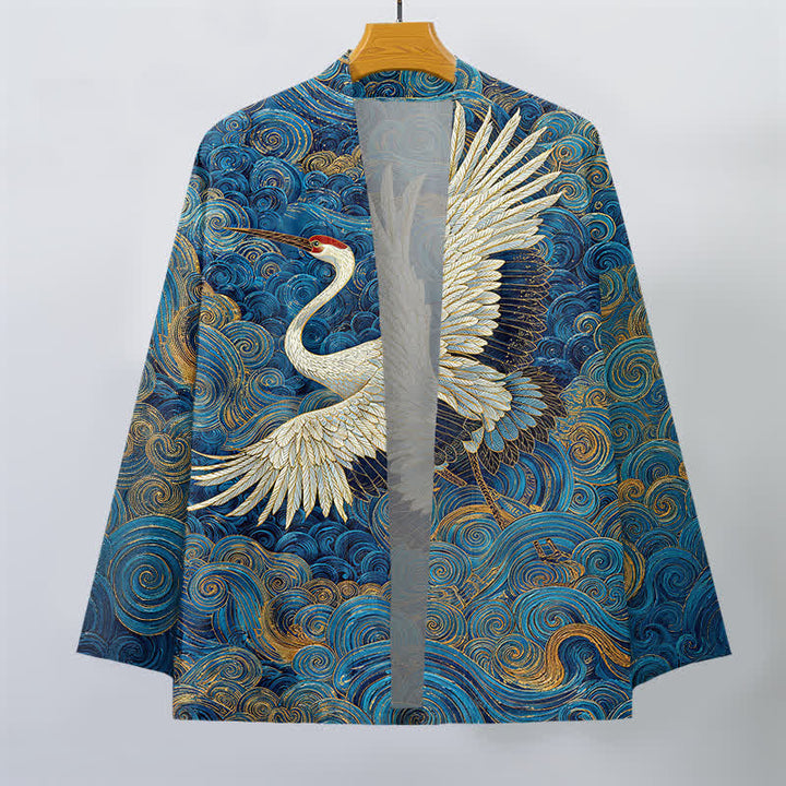 Buddha Stones Kimono pour homme à motif de grues en coton et de vagues fluides, ouvert sur le devant - image 1