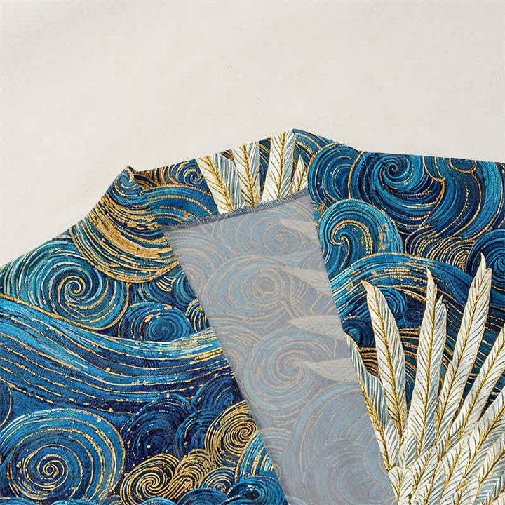 Buddha Stones Kimono pour homme à motif de grues en coton et de vagues fluides, ouvert sur le devant - image 3